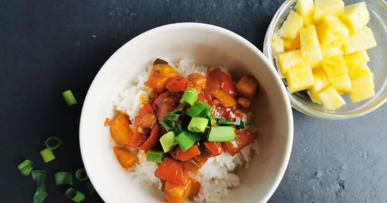 Low Fat Hähnchen süß sauer mit Ananas und Reis